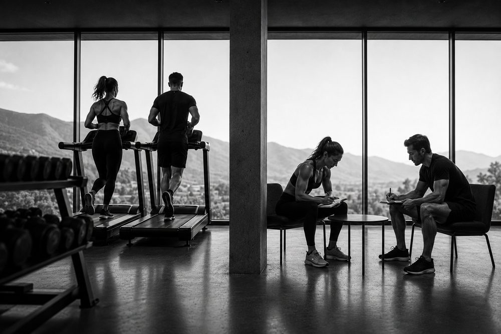 A man and a woman running on treadmills on one side of a gym, and the same two people seated on the other side, both writing in notebooks.