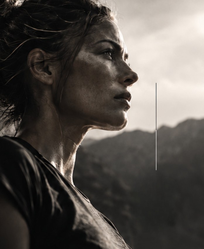 A woman looking out across a mountain range, composed and focused.